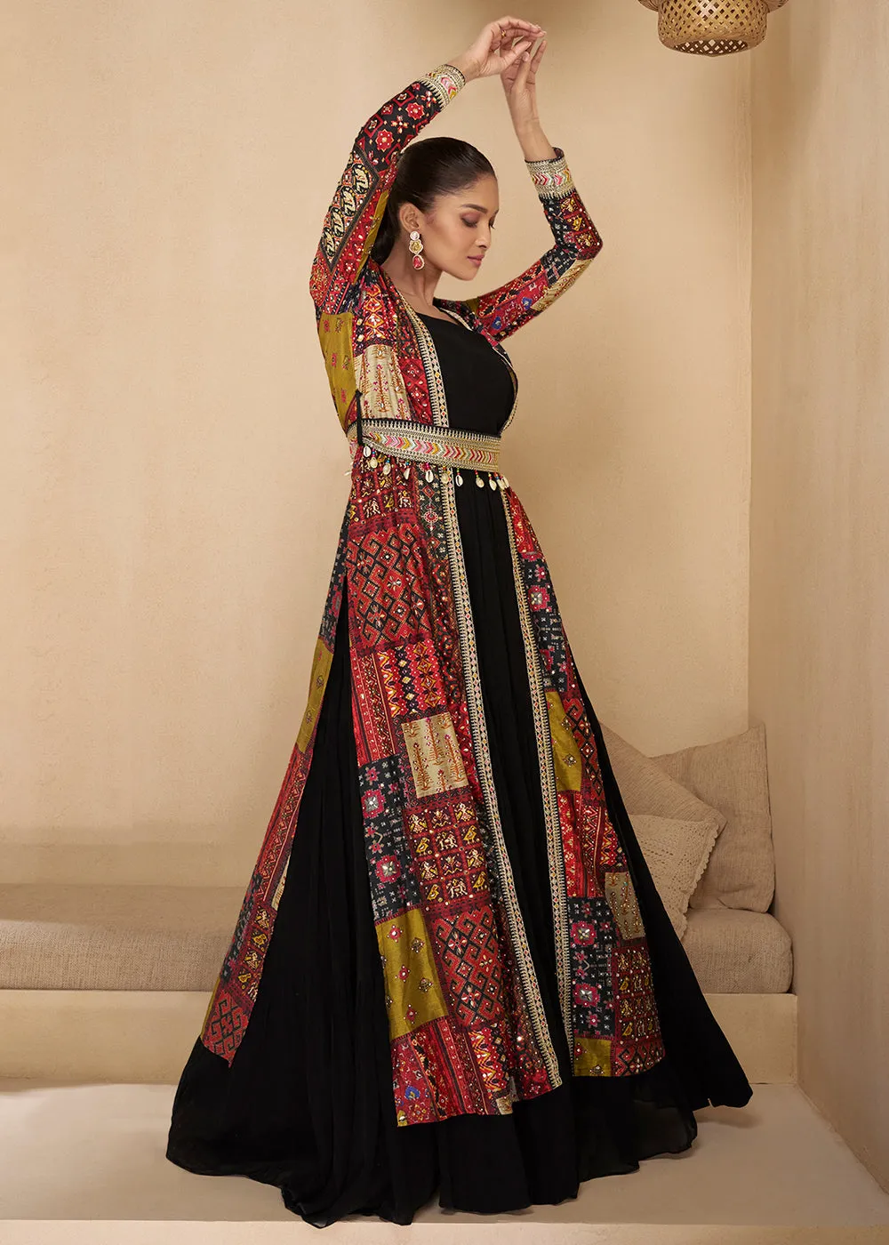 Black Embroidered Georgette Shrug Style Anarkali Suit