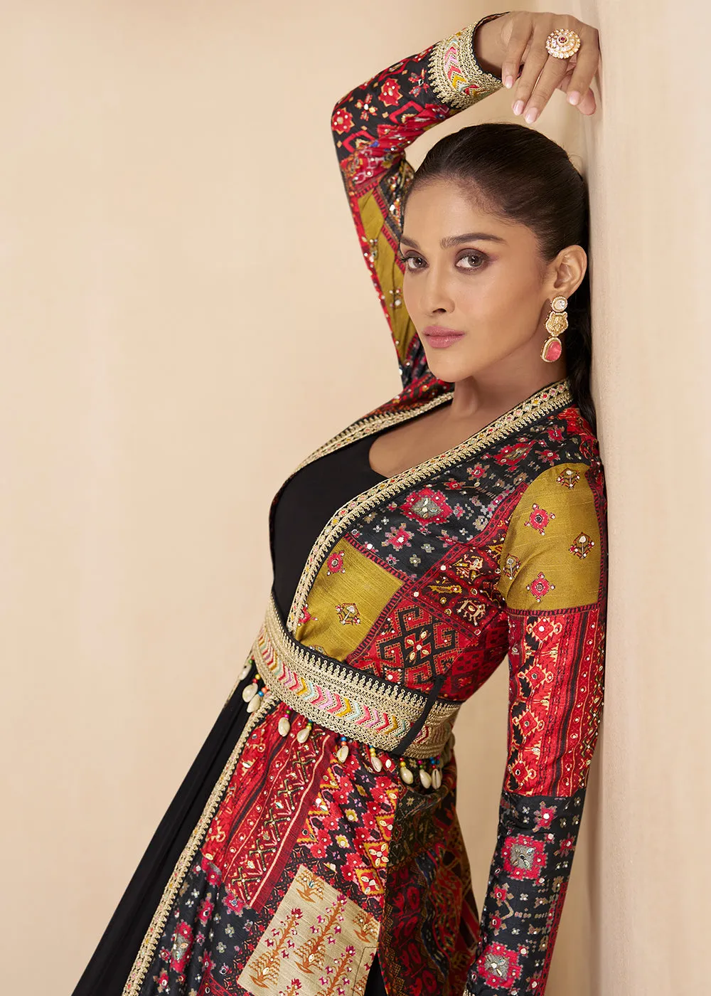 Black Embroidered Georgette Shrug Style Anarkali Suit