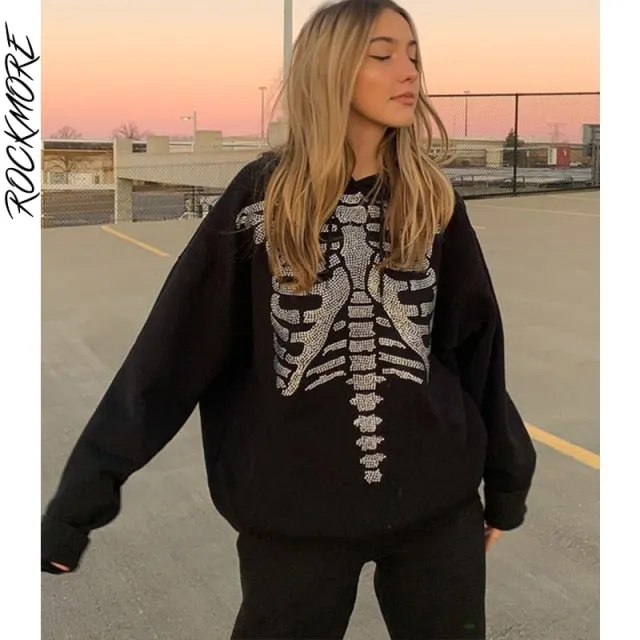 Rhinestone Hoodies Women'S Oversized Sweatshirts Harajuku Pockets Hooded Zip Up Jacket Femme Autumn Grunge Top