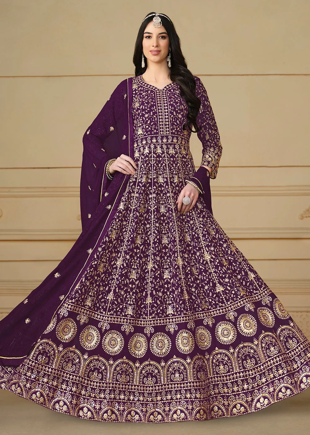 Wine Purple Embroidered Trendy Style Anarkali Suit